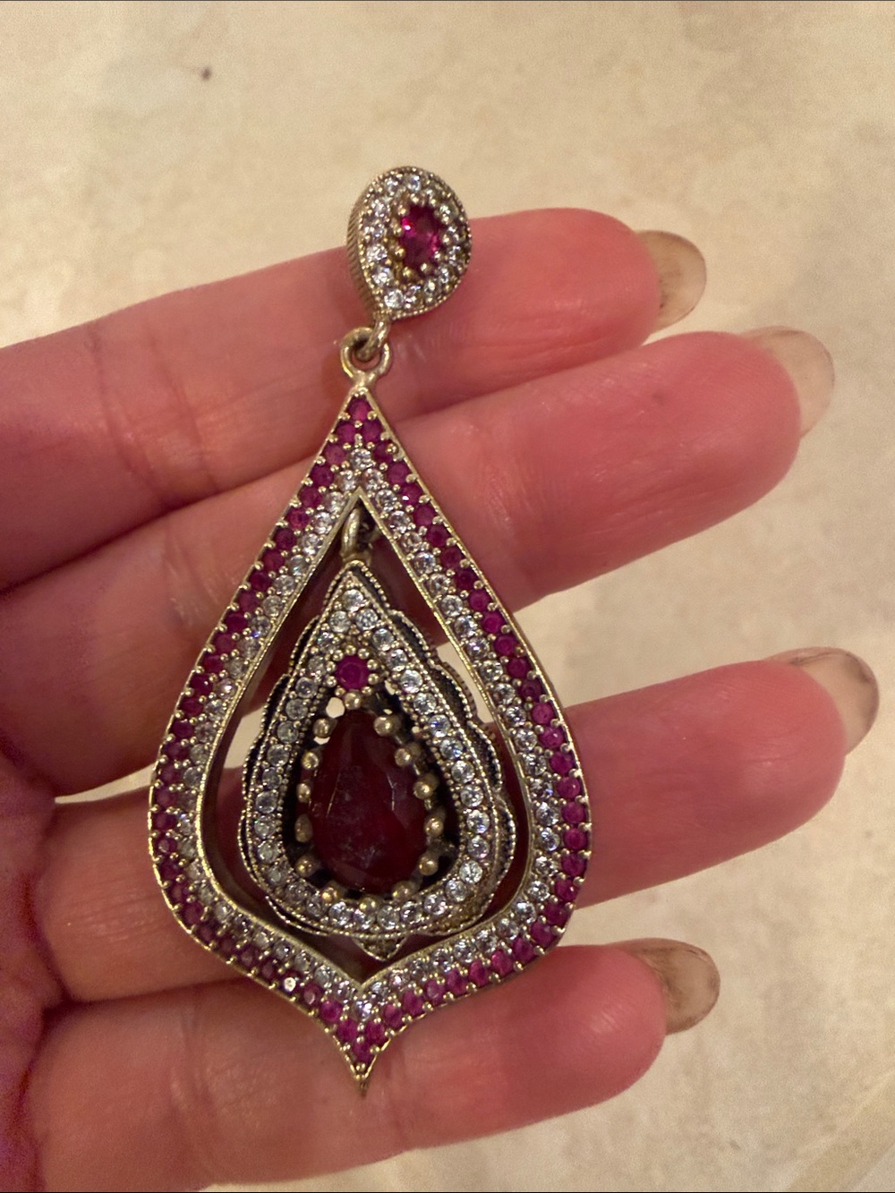 Unbranded Ruby-Red Teardrop Pendant Necklace with Clear Crystal Accents